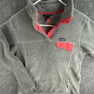 Patagonia Fleece Jacket Girls Youth Size 2XL 16-18 Gray Pink Fuzzy Soft Snap
